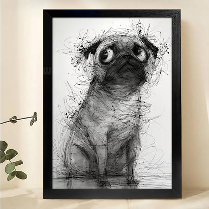 The Sketch-Style Pug – Minimalist Line Art Wall Art on Natural Wood Canvas