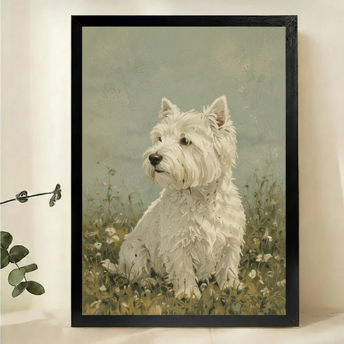 West Highland Terrier in the Meadow Wall Art – Vintage Oil Painting Dog Canvas Print on Natural Wood Frame