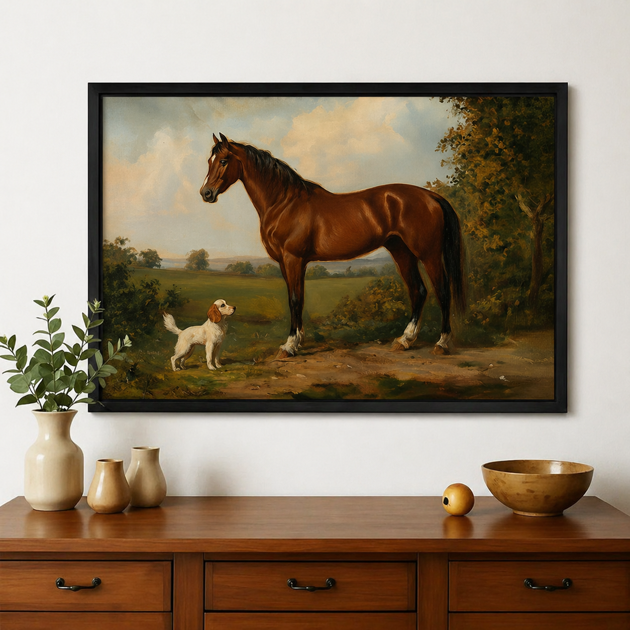 Chestnut Horse & Spaniel in the English Countryside Wall Art – Classic Equestrian Oil Painting Canvas Print on Natural W