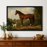Chestnut Horse & Spaniel in the English Countryside Wall Art – Classic Equestrian Oil Painting Canvas Print on Natural W