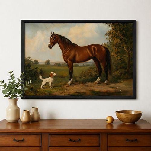 Chestnut Horse & Spaniel in the English Countryside Wall Art – Classic Equestrian Oil Painting Canvas Print on Natural W