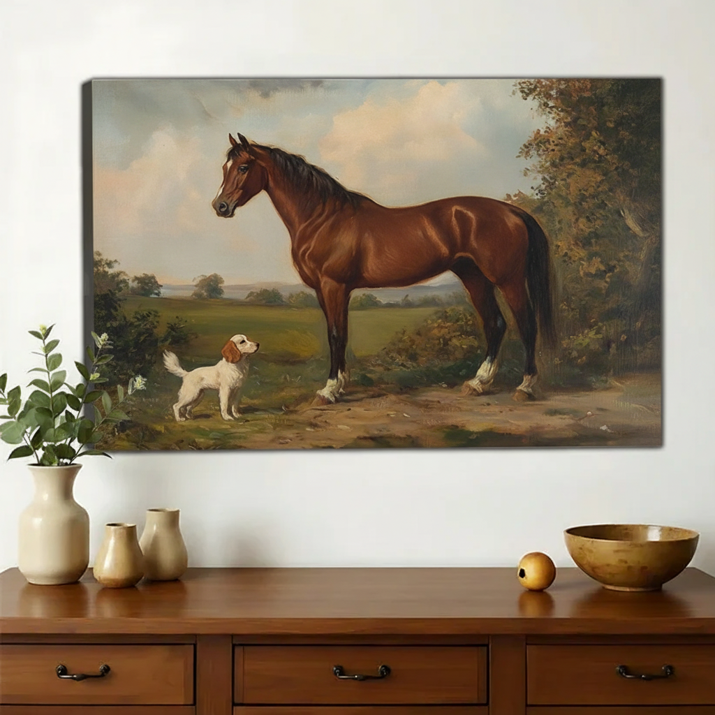 Chestnut Horse & Spaniel in the English Countryside Wall Art – Classic Equestrian Oil Painting Canvas Print on Natural W