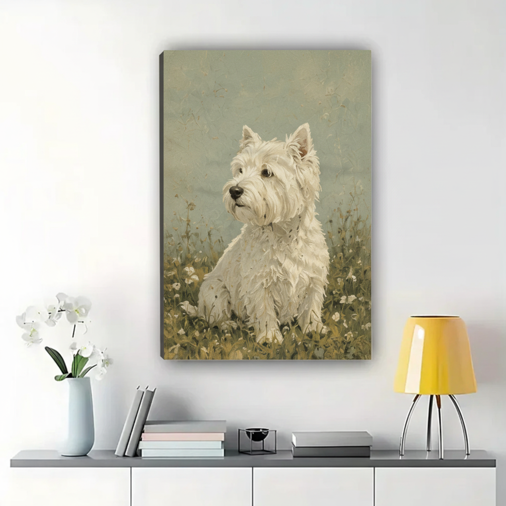 West Highland Terrier in the Meadow Wall Art – Vintage Oil Painting Dog Canvas Print on Natural Wood Frame