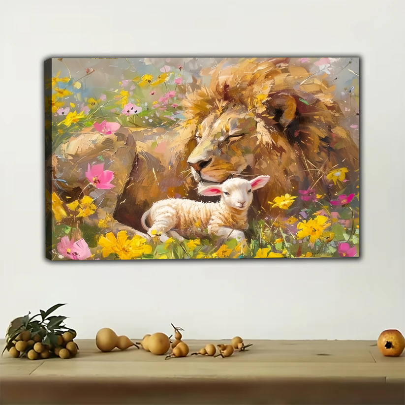 Lion and Lamb in Wildflowers Canvas Wall Art - Peaceful Animal Print
