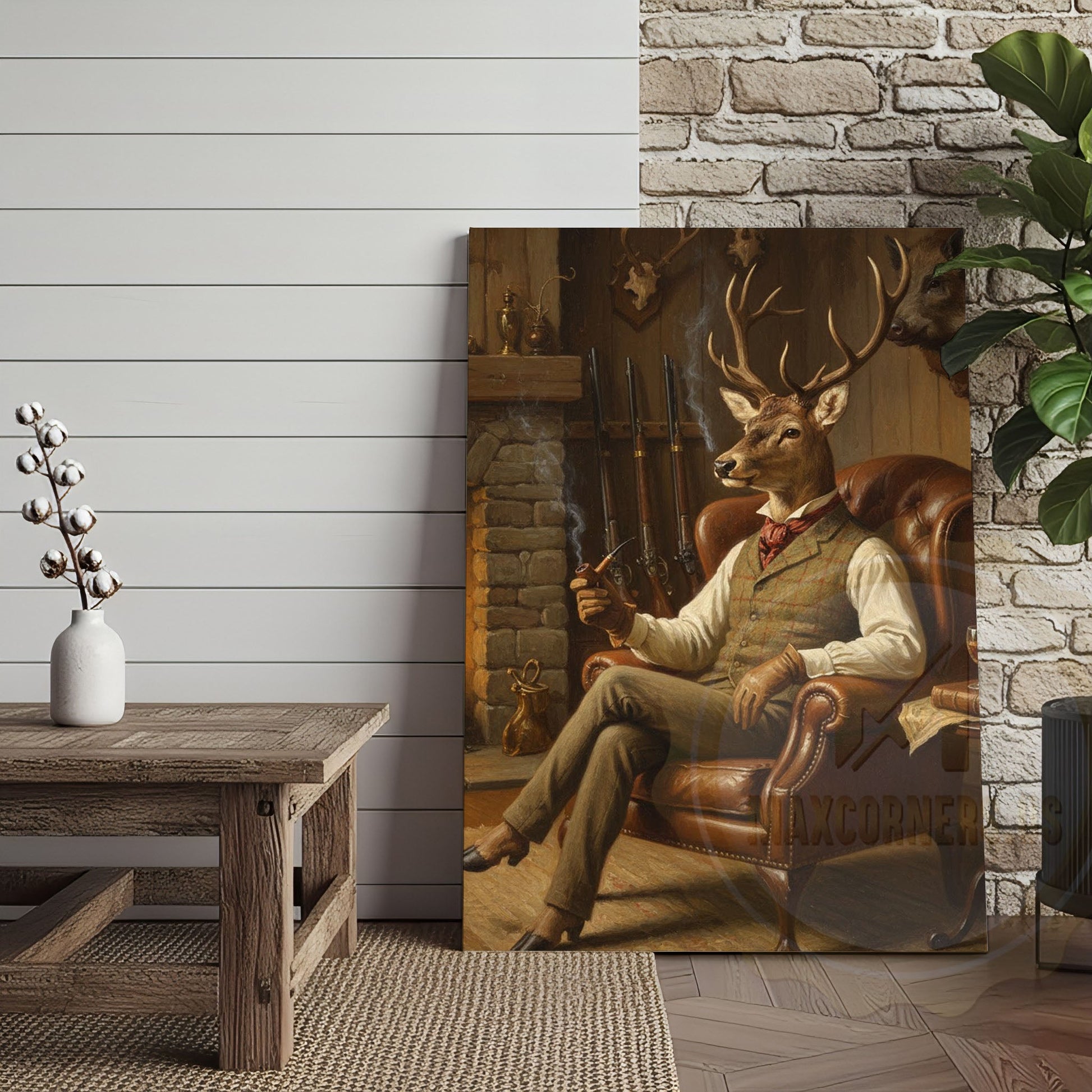 Deer Chef Flipping Pancake in Rustic Kitchen Wrapped Canvas