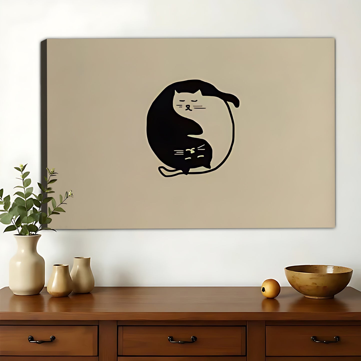Yin-Yang Cat – Minimalist Zen Wall Art on Natural Wood Canvas