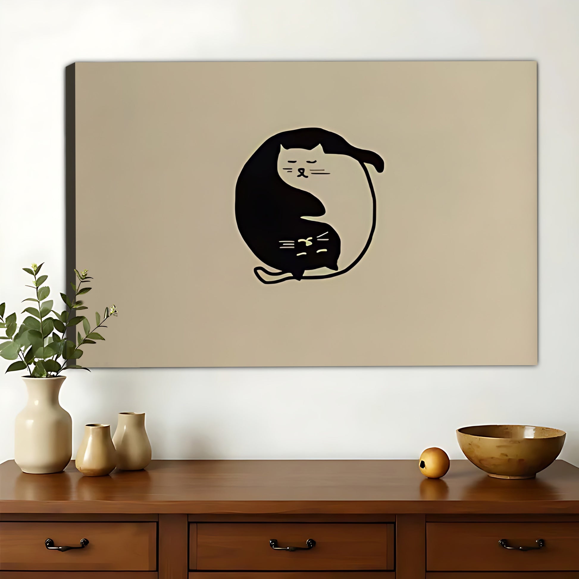 Yin-Yang Cat – Minimalist Zen Wall Art on Natural Wood Canvas