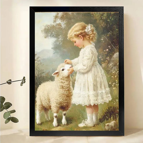 The Girl Lamb Encounter – Pastoral Vintage Wall Art on Natural Wood Canvas