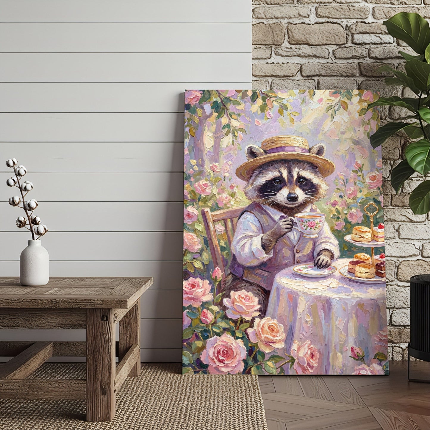 Raccoon Tea Party in Rose Garden Vintage Painting Canvas Wall Art