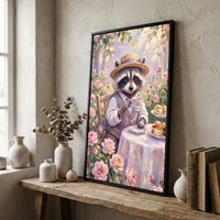 Raccoon Tea Party in Rose Garden Vintage Painting Canvas Wall Art
