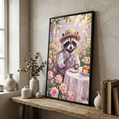 Raccoon Tea Party in Rose Garden Vintage Painting Canvas Wall Art