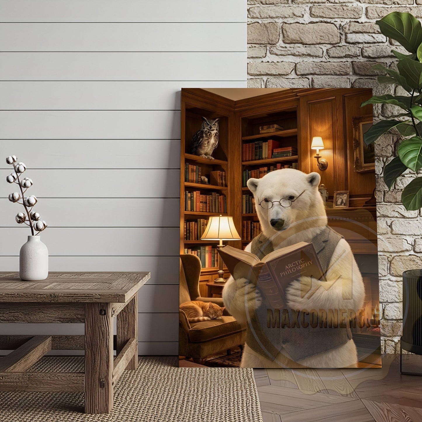 Wise Polar Bear Reading Book Cozy Library Canvas
