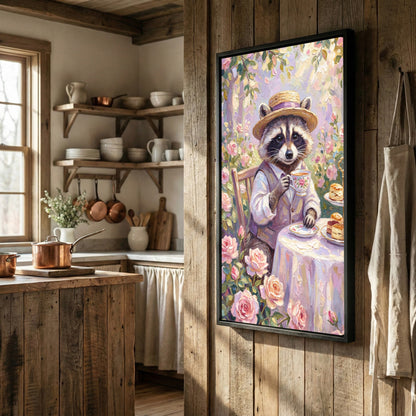 Raccoon Tea Party in Rose Garden Vintage Painting Canvas Wall Art
