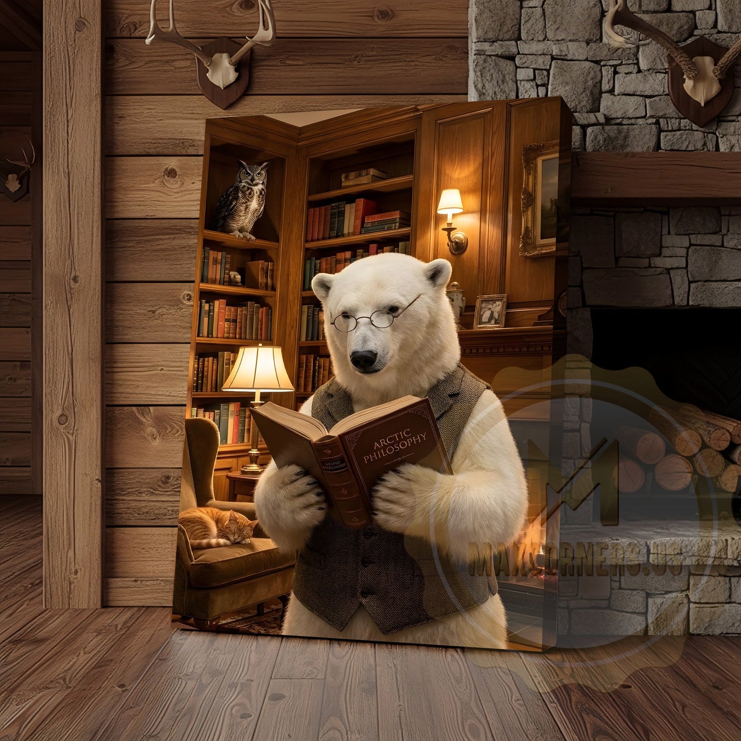 Wise Polar Bear Reading Book Cozy Library Canvas