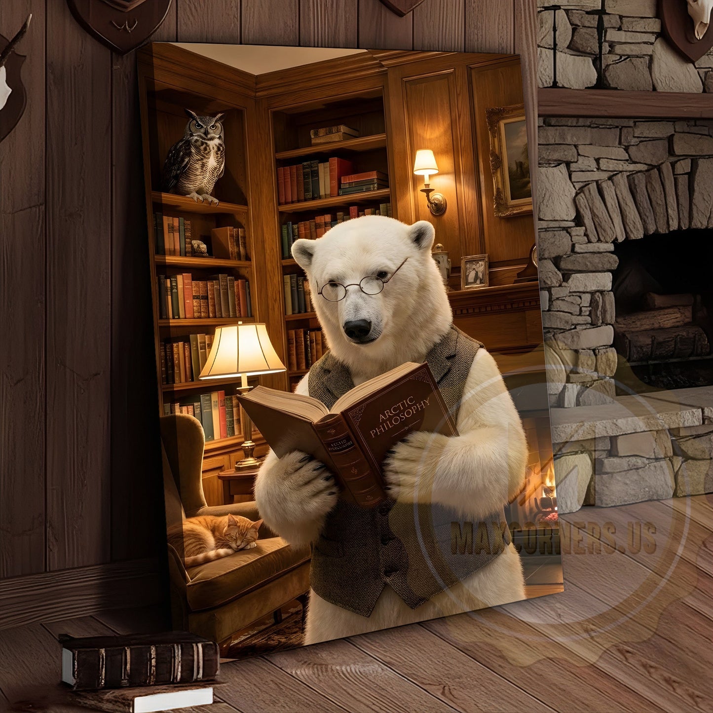 Wise Polar Bear Reading Book Cozy Library Canvas
