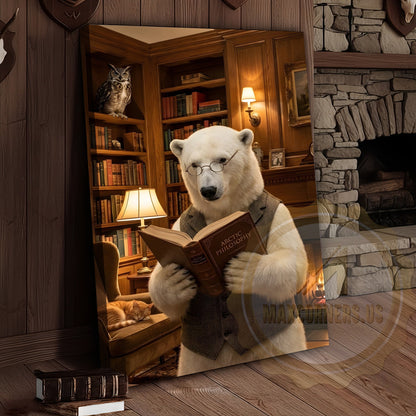 Wise Polar Bear Reading Book Cozy Library Canvas