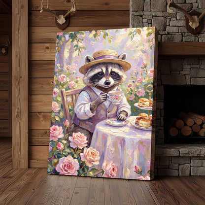 Raccoon Tea Party in Rose Garden Vintage Painting Canvas Wall Art