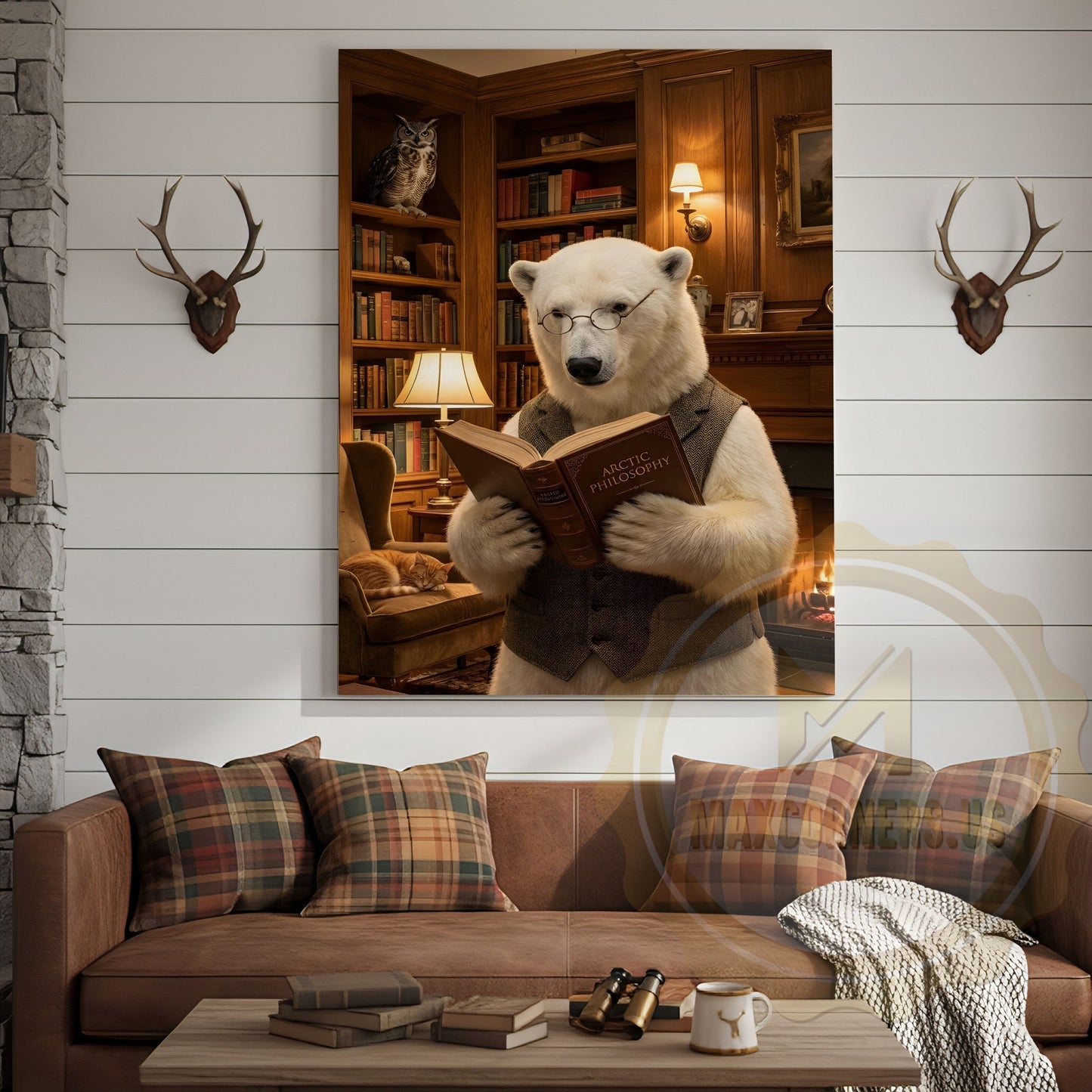 Wise Polar Bear Reading Book Cozy Library Canvas