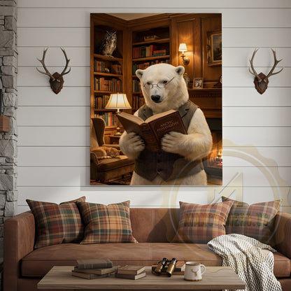 Wise Polar Bear Reading Book Cozy Library Canvas
