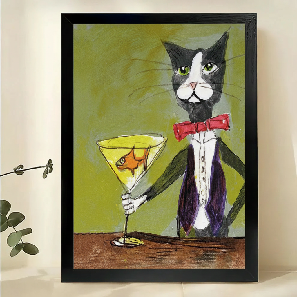 Tuxedo Cat with Goldfish Martini Wall Art – Whimsical Dark Cat Canvas Print on Natural Wood Frame