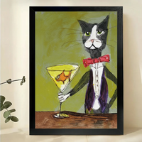 Tuxedo Cat with Goldfish Martini Wall Art – Whimsical Dark Cat Canvas Print on Natural Wood Frame