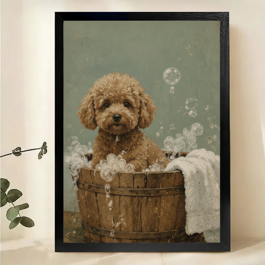 Fluffy Puppy in a Bubble Bath Wall Art – Charming Vintage Dog Canvas Print on Natural Wood Frame
