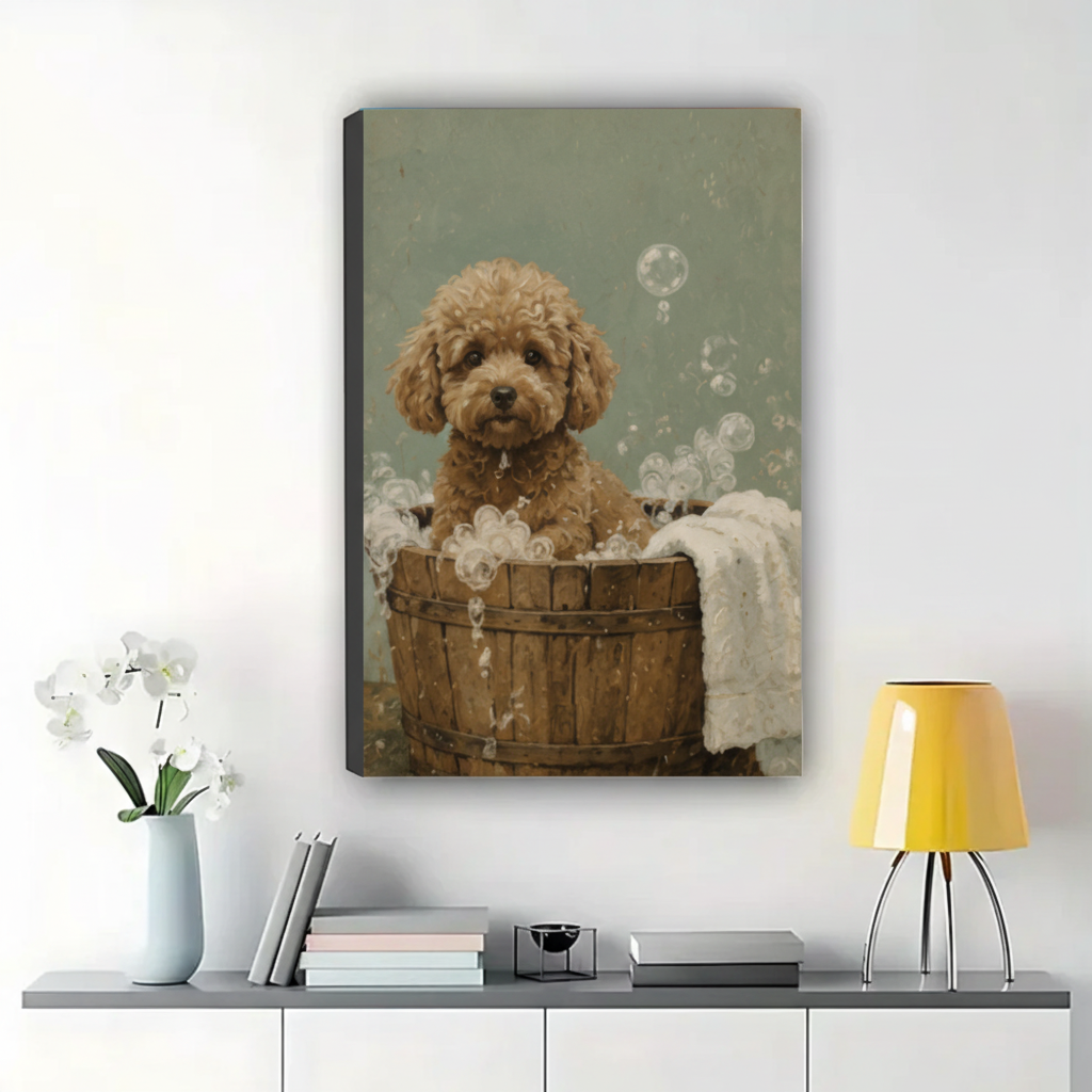 Fluffy Puppy in a Bubble Bath Wall Art – Charming Vintage Dog Canvas Print on Natural Wood Frame