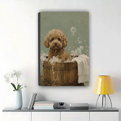 Fluffy Puppy in a Bubble Bath Wall Art – Charming Vintage Dog Canvas Print on Natural Wood Frame