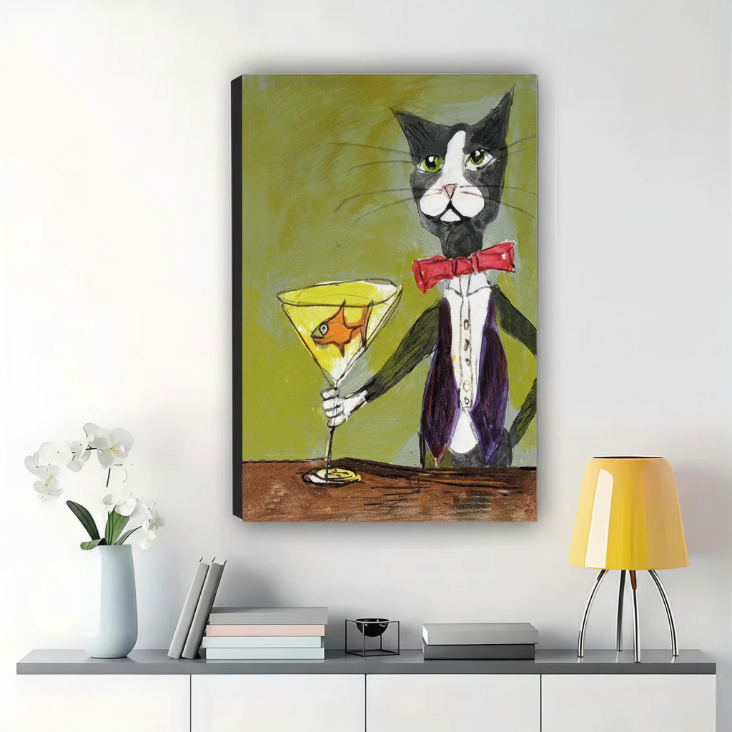 Tuxedo Cat with Goldfish Martini Wall Art – Whimsical Dark Cat Canvas Print on Natural Wood Frame