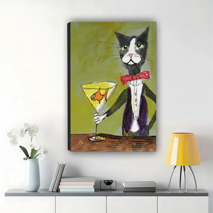 Tuxedo Cat with Goldfish Martini Wall Art – Whimsical Dark Cat Canvas Print on Natural Wood Frame