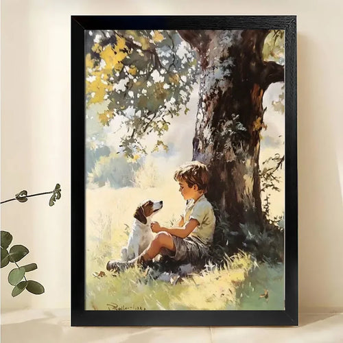 The Tree-Shade Retreat – Cozy Rural Scene Wall Art on Natural Wood Canvas