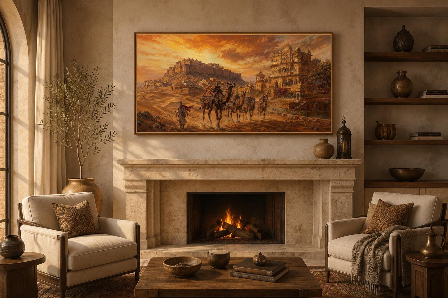 Indian Camel Caravan Painting | Rajasthan Wall Art - Desert Landscape Canvas Print