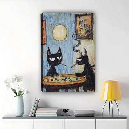 Two Black Cats Smoking Wall Art - Quirky Vintage Cat Canvas Print