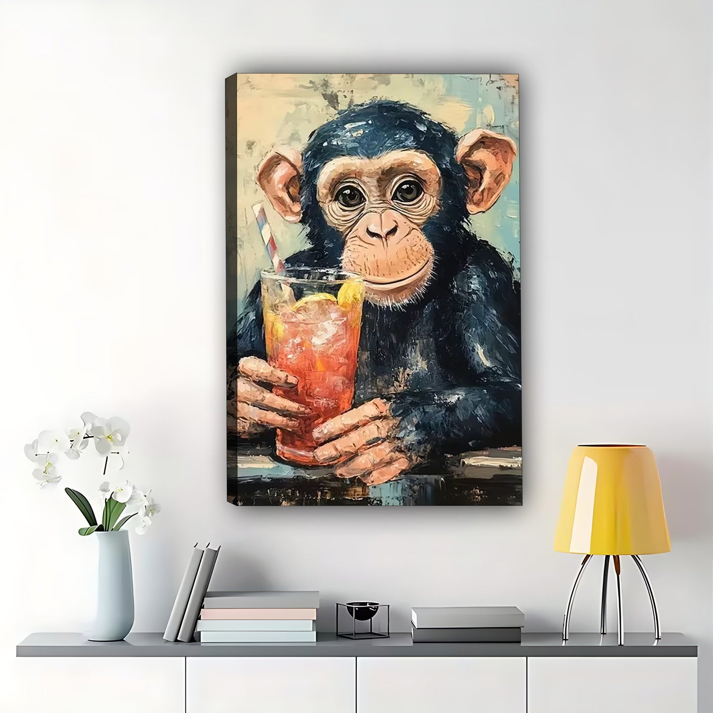 The Retro Beverage-Holding Chimp – Playful Vintage Wall Art on Natural Wood Canvas