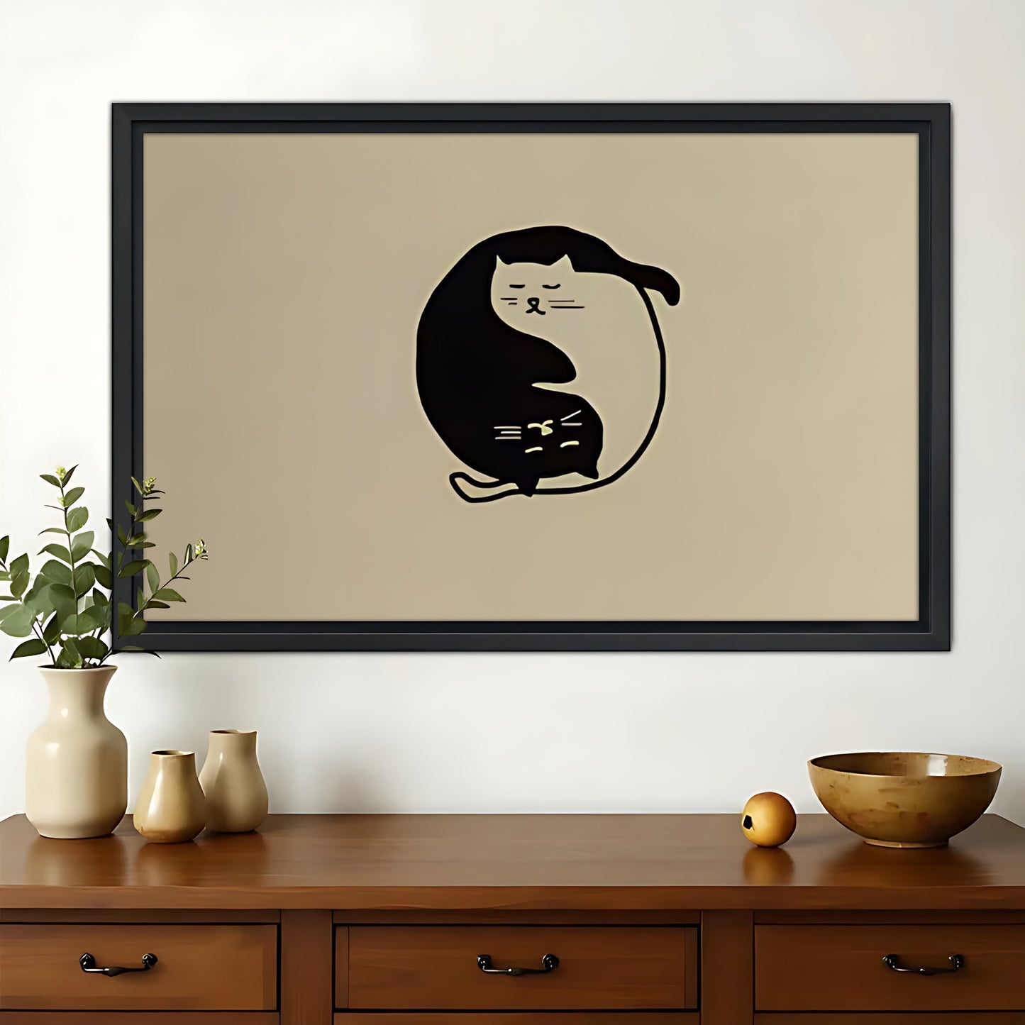 Yin-Yang Cat – Minimalist Zen Wall Art on Natural Wood Canvas