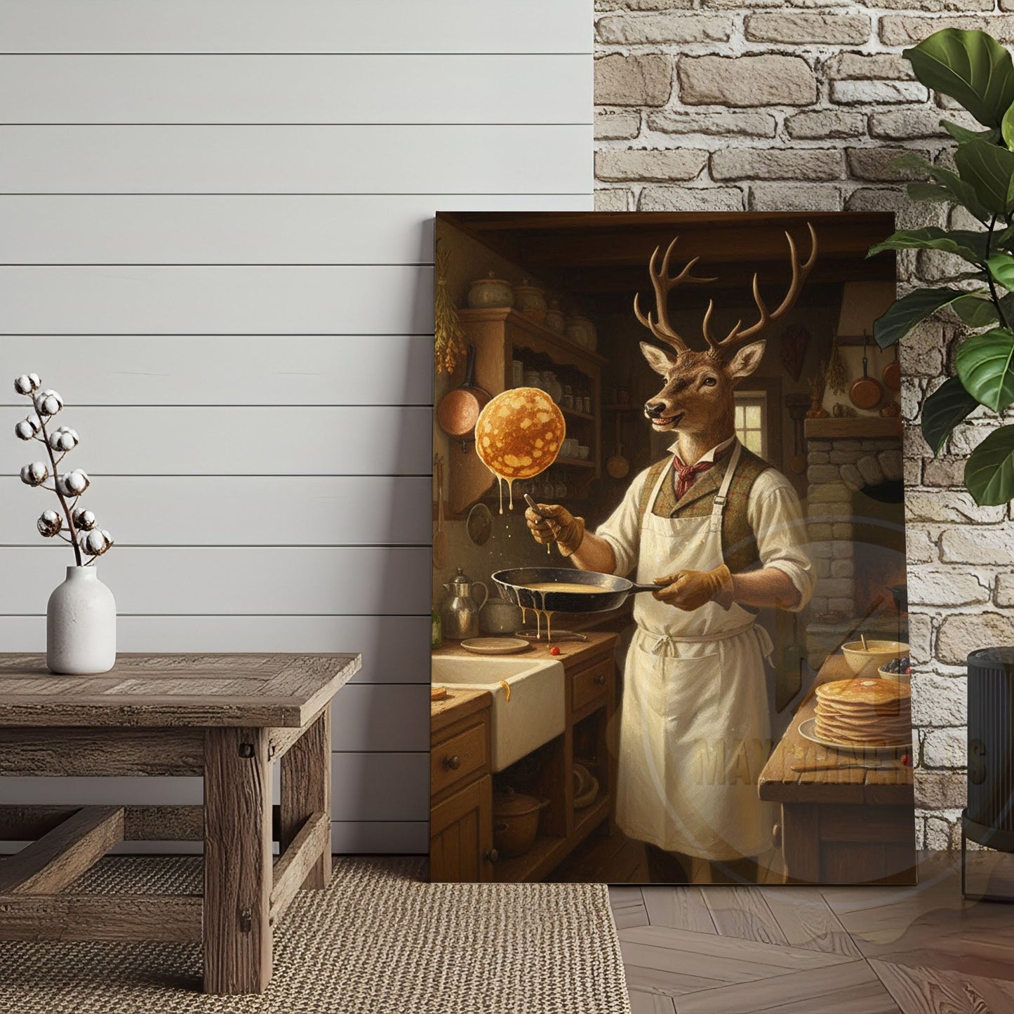 Deer Playing Poker with Friends in Cabin Bar Wrapped Canvas