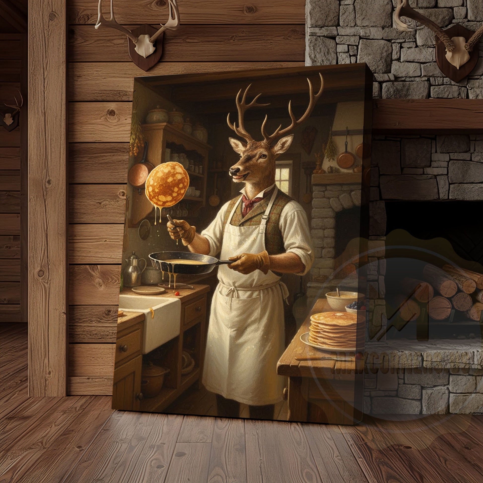 Deer Playing Poker with Friends in Cabin Bar Wrapped Canvas