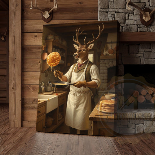 Deer Playing Poker with Friends in Cabin Bar Wrapped Canvas