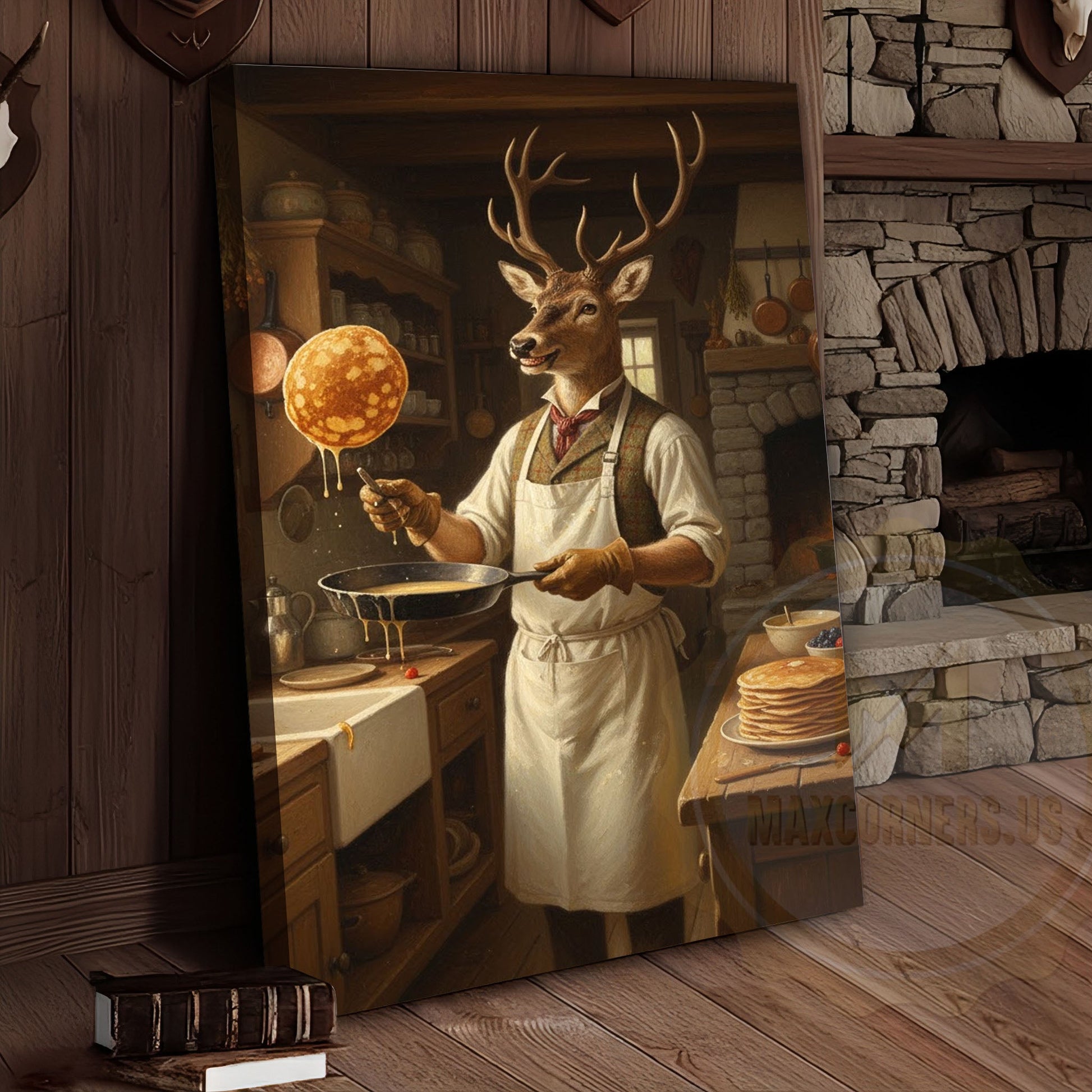 Deer Playing Poker with Friends in Cabin Bar Wrapped Canvas
