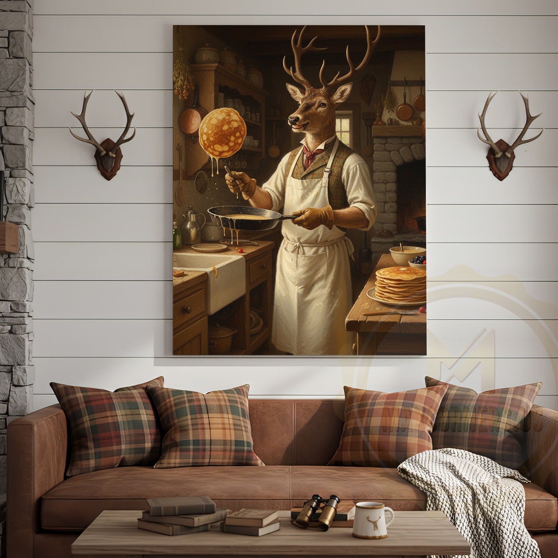 Deer Playing Poker with Friends in Cabin Bar Wrapped Canvas