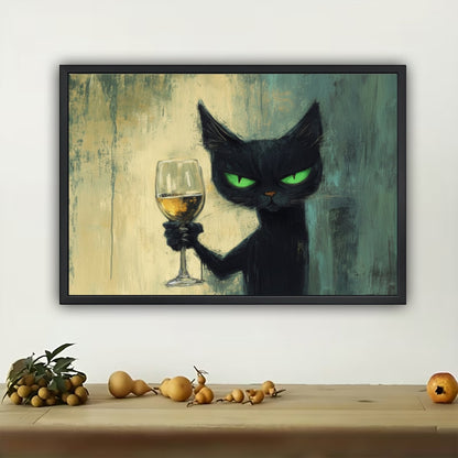 Mysterious Black Cat Wine Art Print - Elegant Feline Canvas Decor
