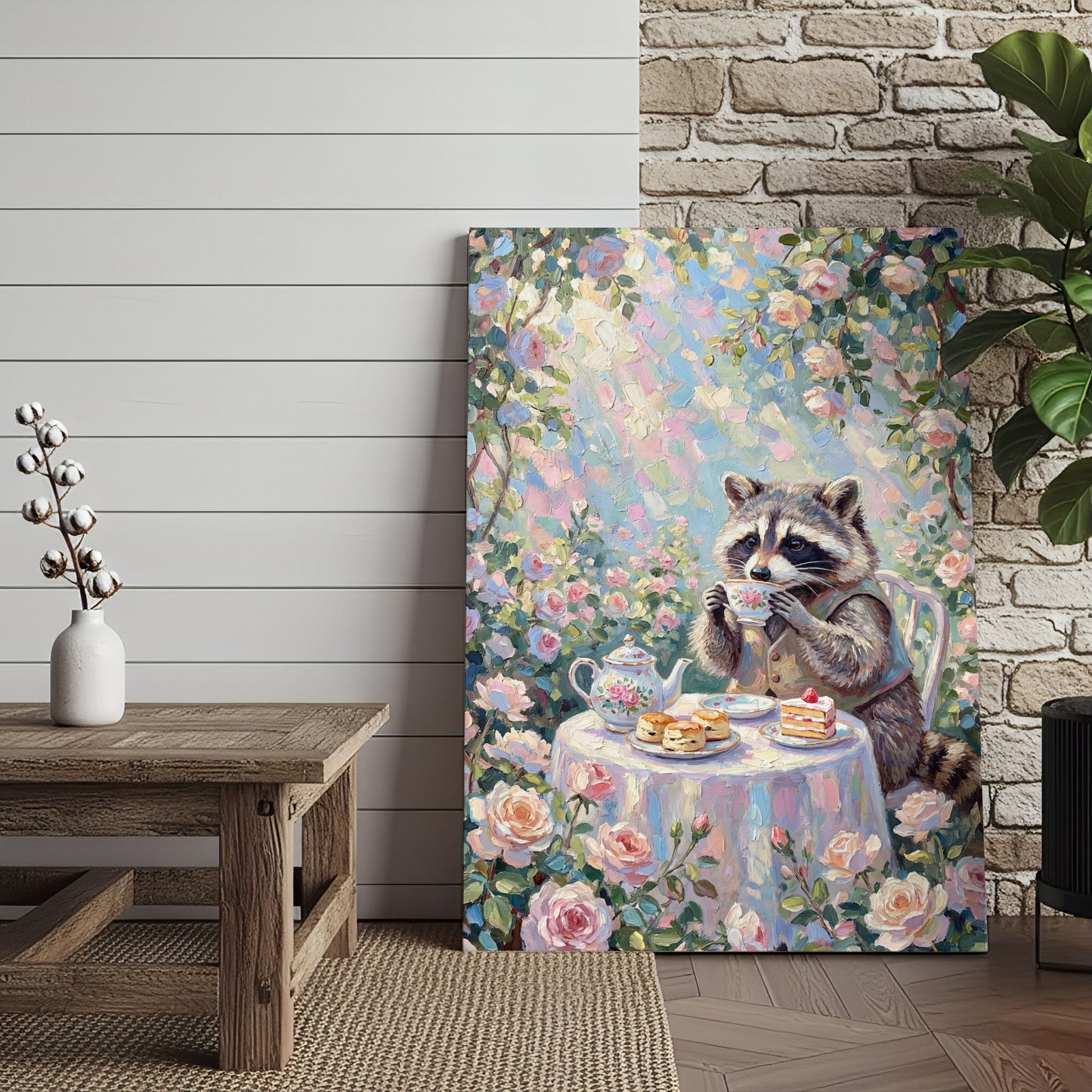 Raccoon Drinking Tea with Desserts Floral Pastel Art Canvas Wall Art