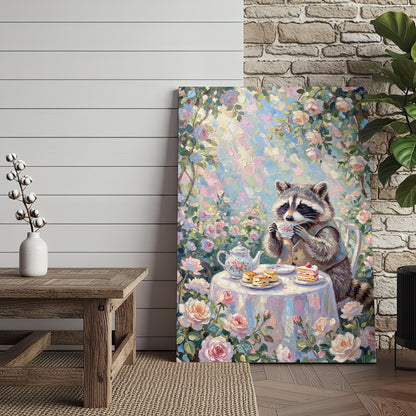Raccoon Drinking Tea with Desserts Floral Pastel Art Canvas Wall Art
