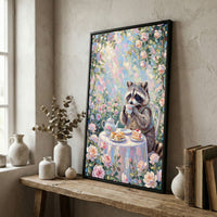 Raccoon Drinking Tea with Desserts Floral Pastel Art Canvas Wall Art