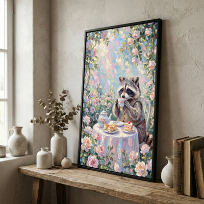 Raccoon Drinking Tea with Desserts Floral Pastel Art Canvas Wall Art