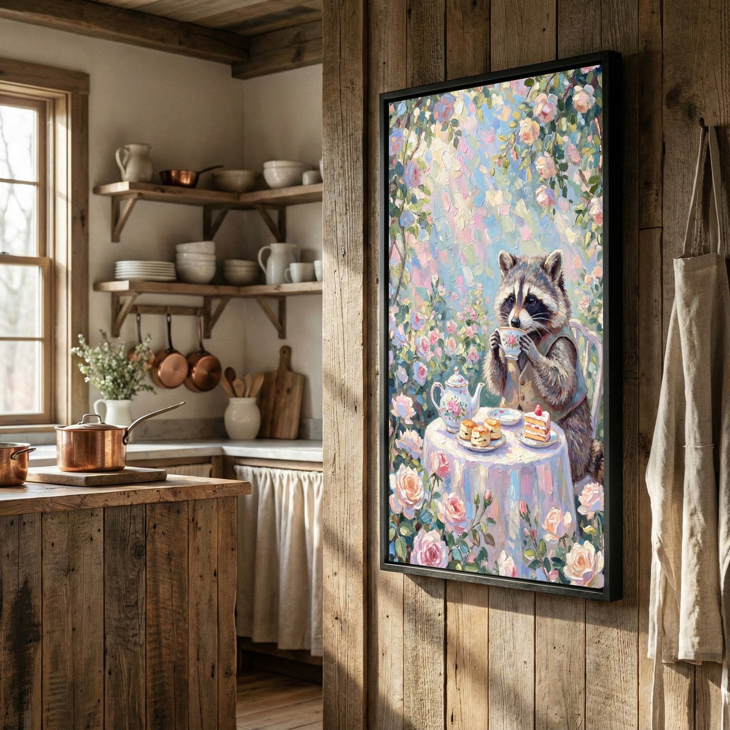 Raccoon Drinking Tea with Desserts Floral Pastel Art Canvas Wall Art