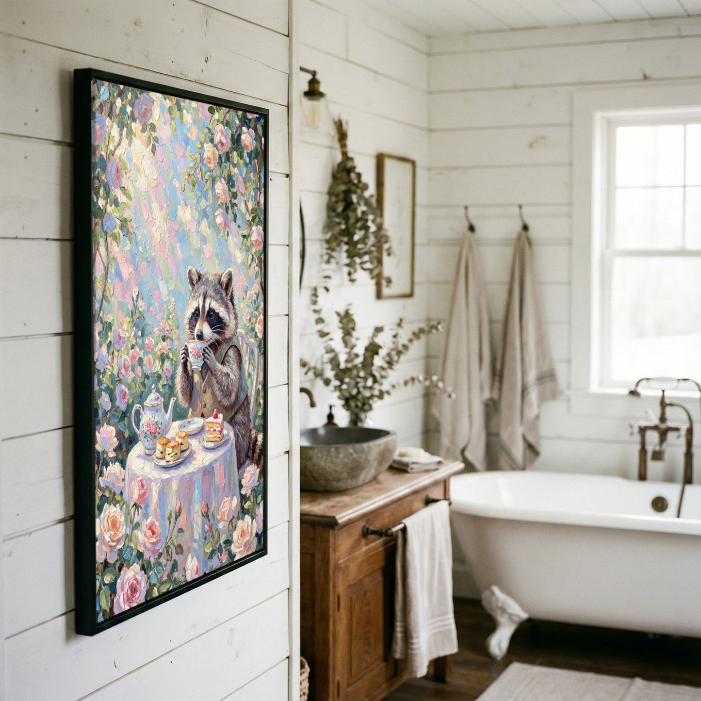 Raccoon Drinking Tea with Desserts Floral Pastel Art Canvas Wall Art