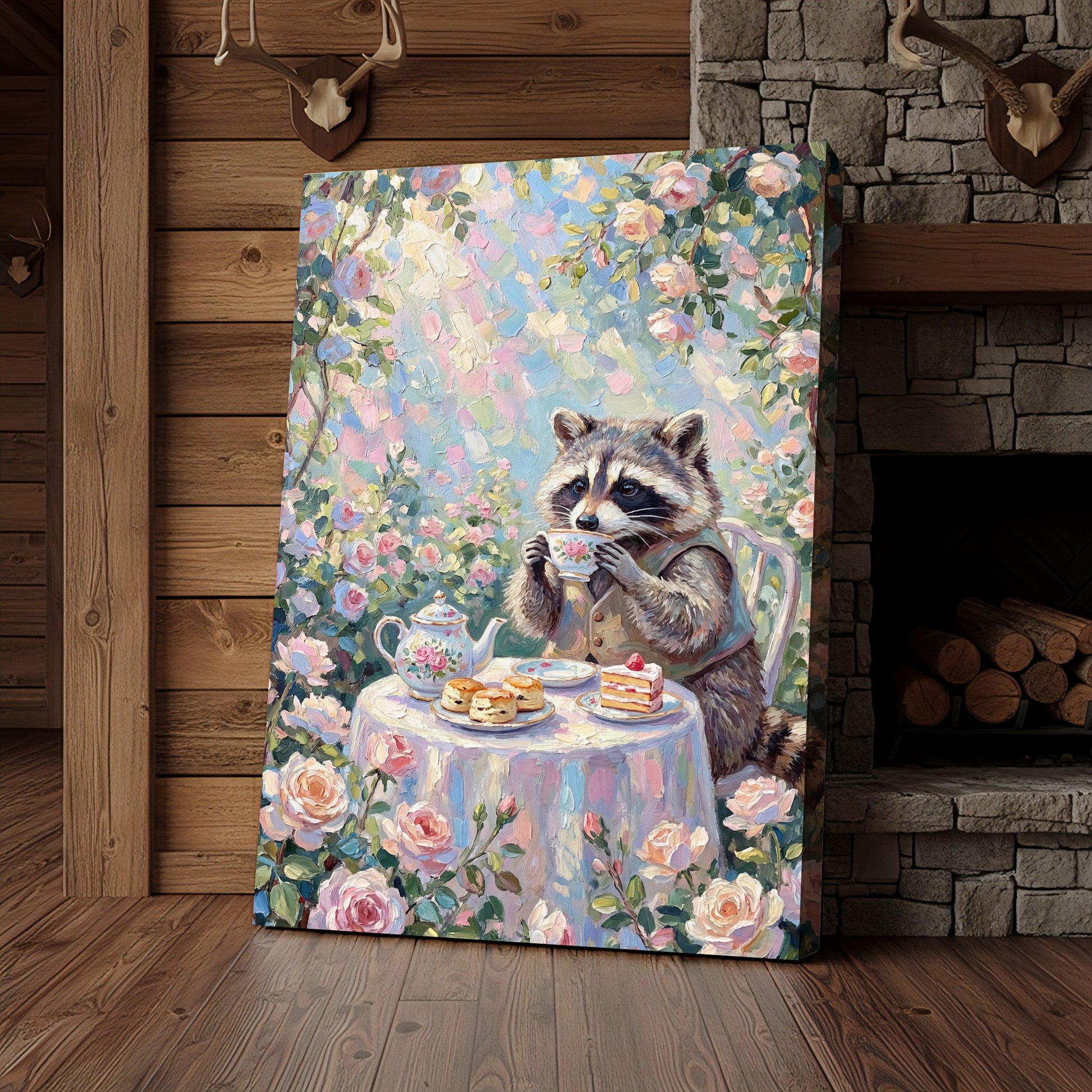 Raccoon Drinking Tea with Desserts Floral Pastel Art Canvas Wall Art