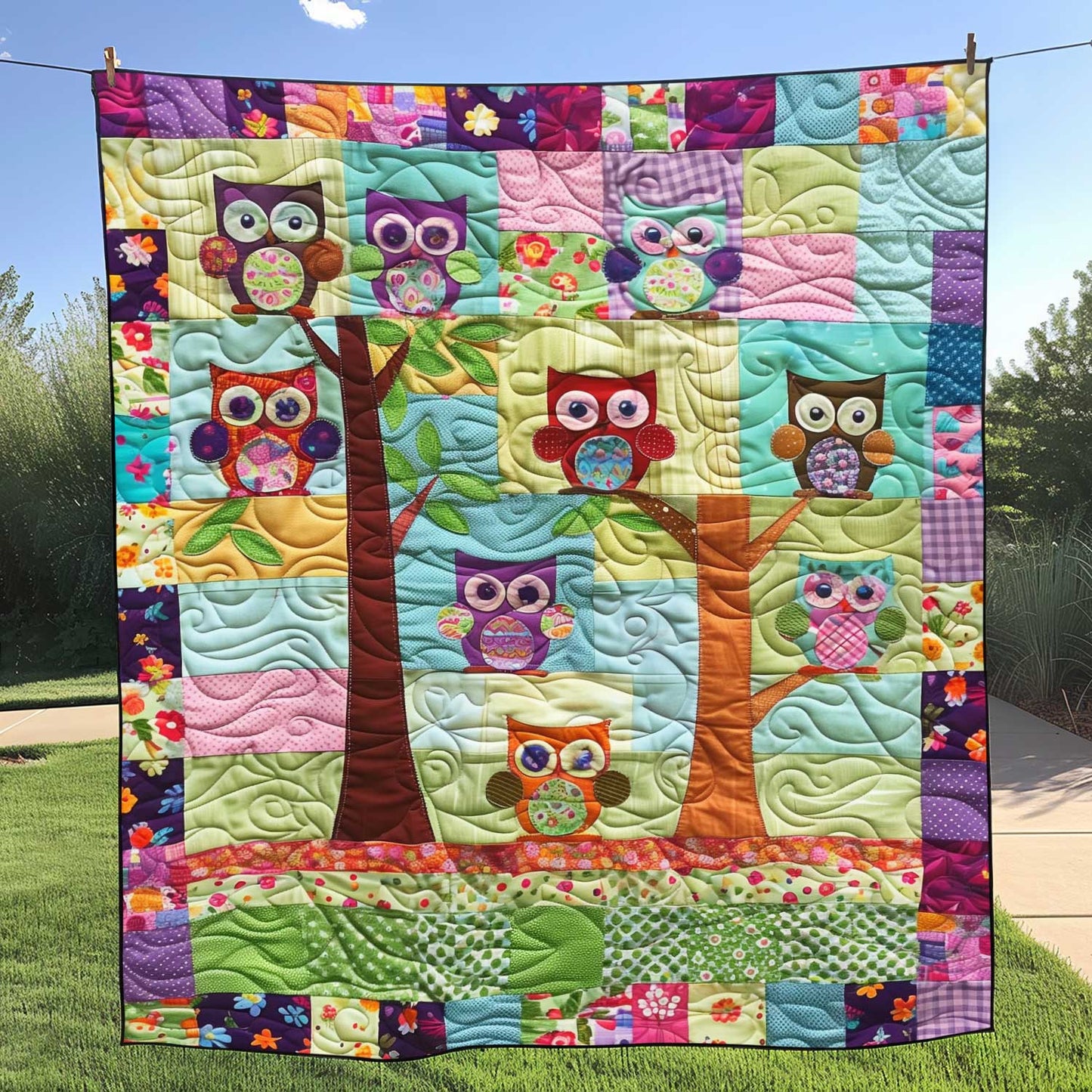 Cute Owl Tree Quilted Blanket - Throw (55" x 60")