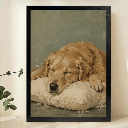 Sleeping Golden Retriever Wall Art – Serene Vintage Oil Painting Dog Canvas Print on Natural Wood Frame